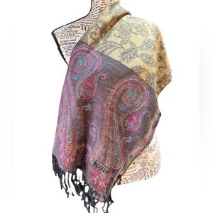 Pashmina Wrap/ Shawl Reversible Double Pattern XL in Gold/Pink w/ Black Fringe